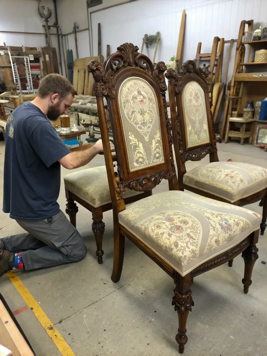 A photograph of volunteers restoring an antique wooden chair in a workshop setting, showcasing the hands-on preservation work of ASSOC AMIS PATRIMOINE HAUTE AUVERGNE.