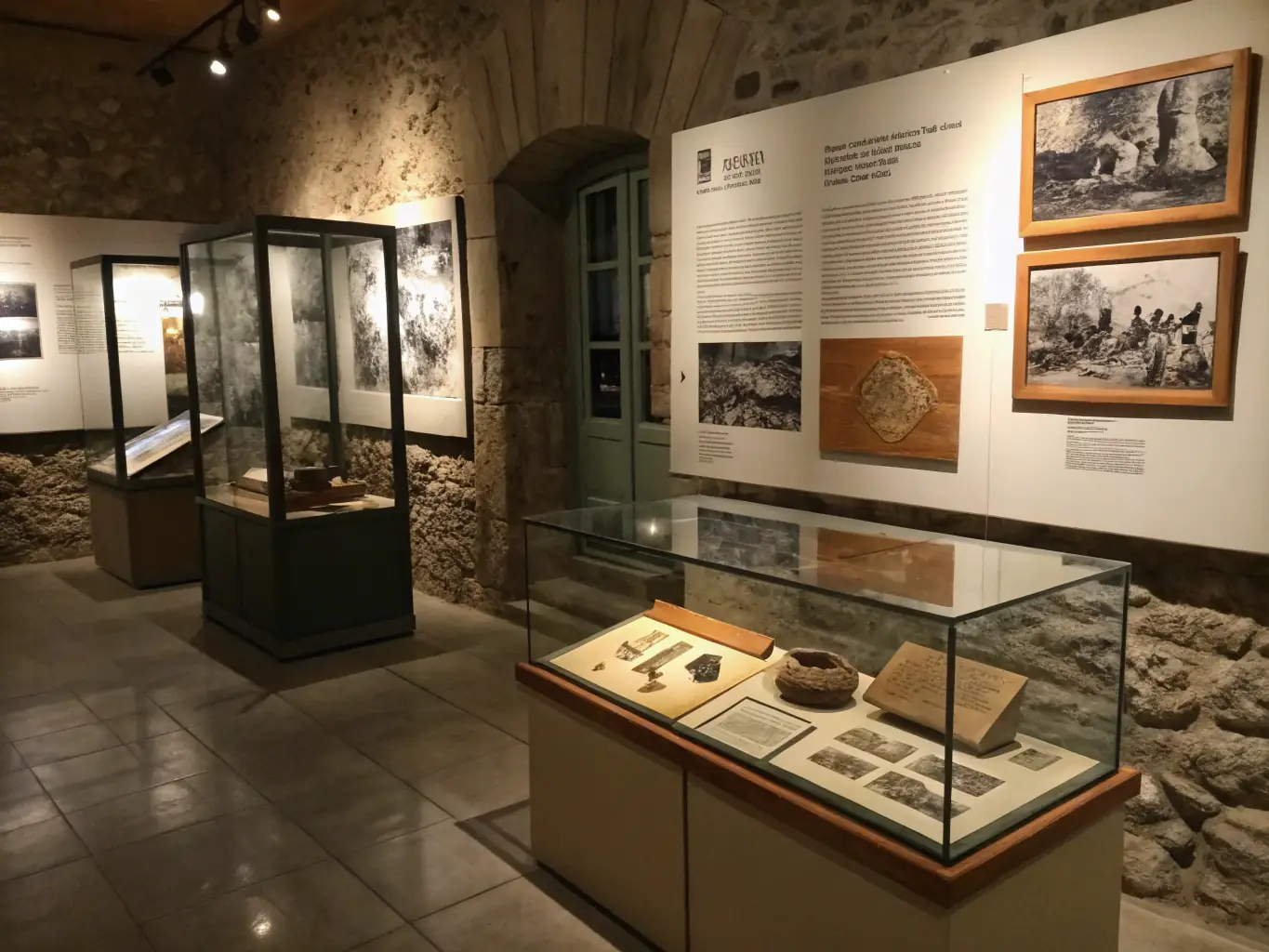 A photograph of an exhibition showcasing restored artifacts and historical documents, emphasizing the organization's role in making cultural heritage accessible to the public.
