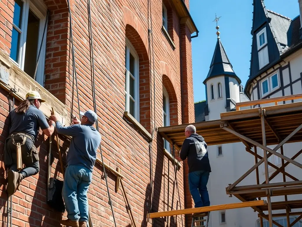 A photograph depicting volunteers restoring a historical building in Aurillac, showcasing the meticulous work and dedication involved in preserving local heritage.